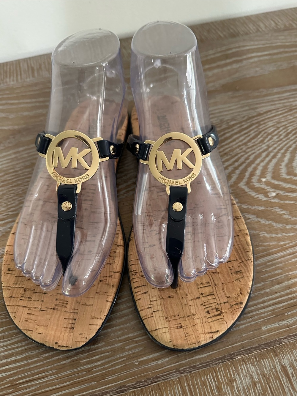 Michael Kors Black and Gold Logo Cork Sandals